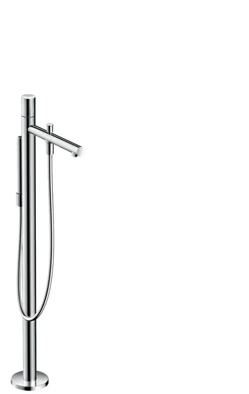 Bodenstehender Einhebel-Wannenmischer aus Edelstahloptik von AXOR mit einem schlanken Design und einem flexiblen Handbrauseanschluss für die Badewanne.